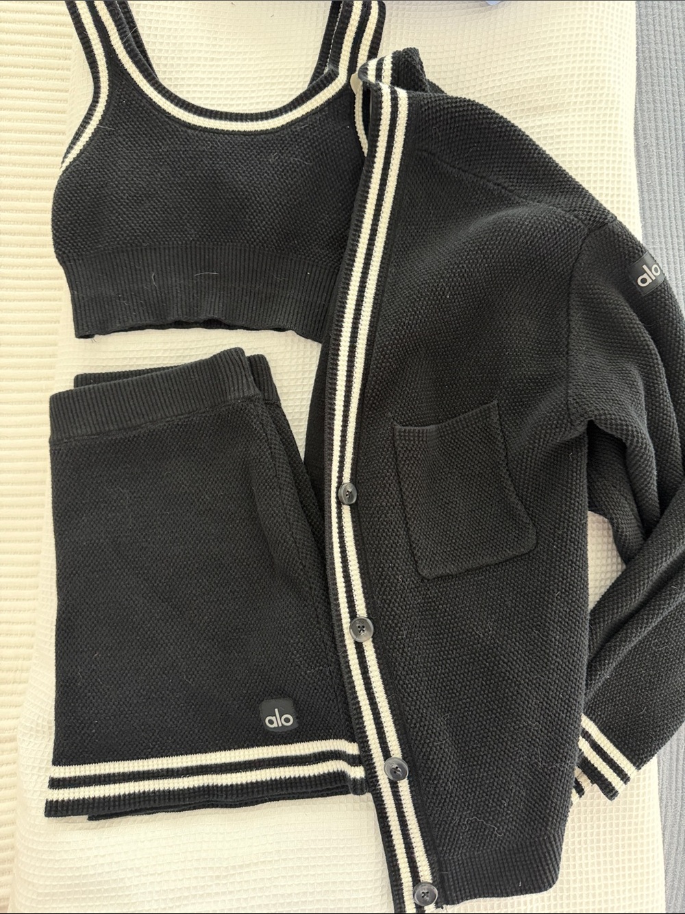 ALO Yoga Black Knit Cardigan, Crop Tank & Skirt Set with Cream Trim
